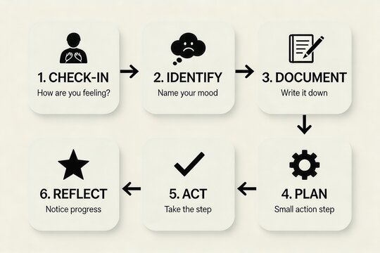 Comprehensive self reflection framework illustrating emotional check in process through six transformative steps encouraging mindfulness and personal growth
