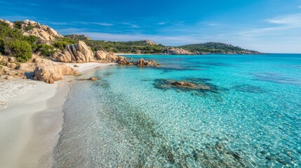 Fototapeta premium Beautiful coastal scene with clear waters, sandy beach and rocky formations, ideal for relaxation and nature exploration.