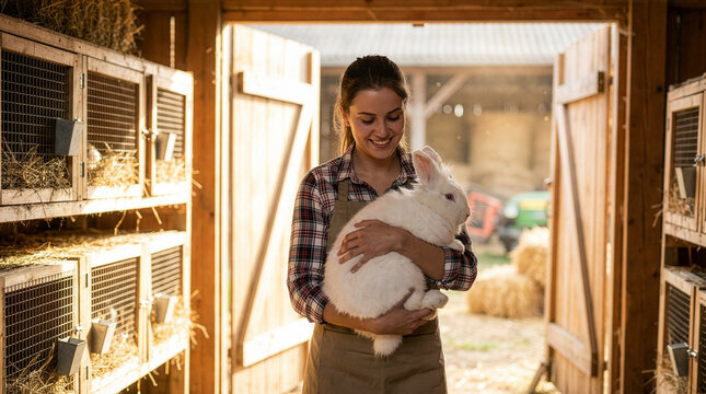 Rabbit Farm &mdash; A smiling young farmer in a plaid shirt and apron gently holds a fluffy white rabbit in her arms, standing in a warmly lit barn with rows of rabbit cages filled with hay in the backgroun