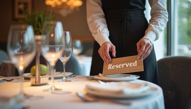Waitress places wooden reserved sign on table setting at upscale restaurant. Fine dining establishment prepares for guests. Elegant table setup with wine glasses and tableware awaits booking.