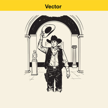 A black and white line art illustration of a polite cowboy tipping his hat in a grand gallery