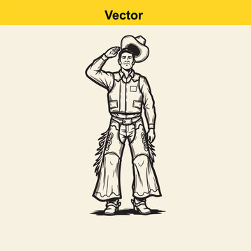 A black and white line art illustration of a friendly cowboy tipping his hat in a polite gesture