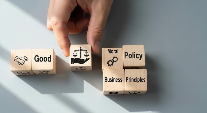Kaizen event implementation and showing a focused, rapid improvement in cube arrangement using wooden cubes, symbolic icons, human hand, natural depth of field, soft blurred background, minimal desk b