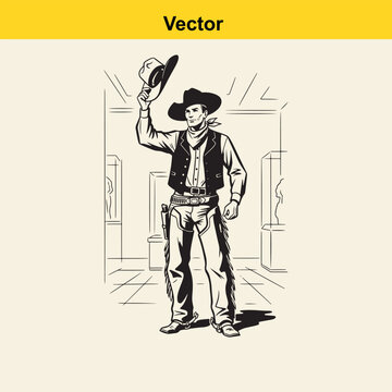 A black and white line art illustration of a polite cowboy tipping his hat in a classic pose