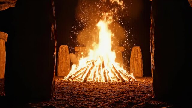 Ancient Ritual Bonfire at Stonehenge at Night.