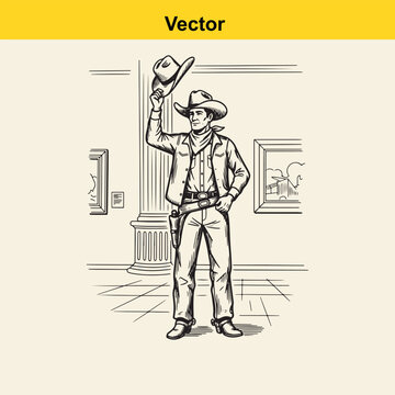 A black and white line art illustration of a polite cowboy tipping his hat in a classic western