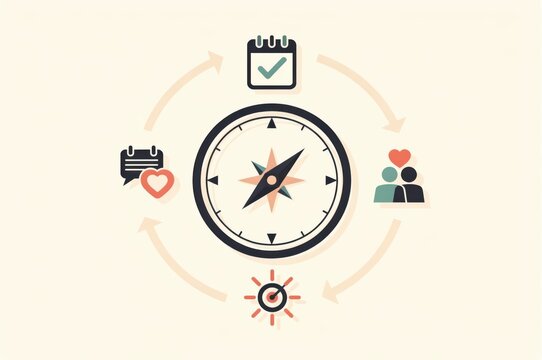 Visual representation of decision making process with a compass illustrating relationships timeline, emotional connection, planning, and milestone achievements in personal and professional life