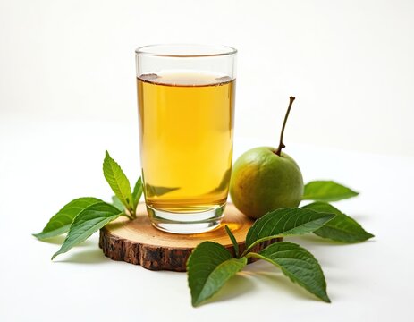 Glass of guava leaf water with fresh fruit and green leaves on wooden slice. Natural herbal beverage with healthy antioxidants. Organic drink for wellness.