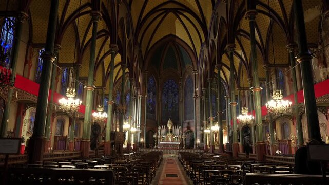 Gothic church interior with empty nave and warm light Paris France