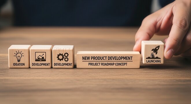 Hand arranging wooden cube with icon New product development and project roadmap concept. Wooden blocks with the stages of new product development icons, ideation, development and launching.