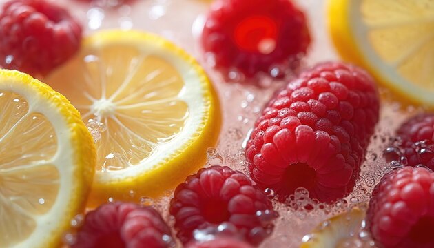 Macro view of fresh lemon slices and raspberries submerged in sparkling carbonated water with tiny bubbles. Refreshing summer drink cools with vibrant fruit flavors and vibrant colors.
