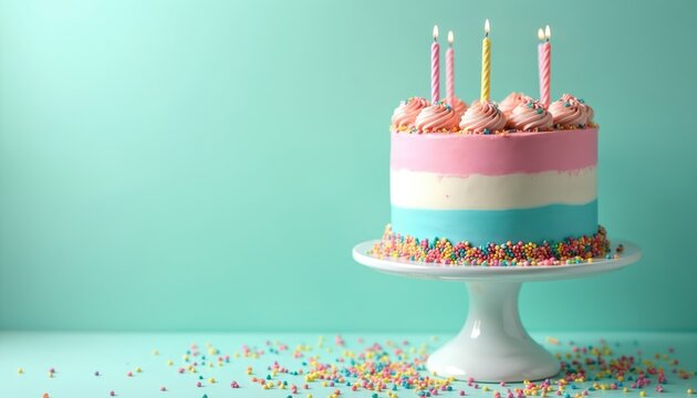 Striped birthday cake with pink white blue icing and colorful sprinkles. Lit candles adorn the festive dessert on a cake stand. Soft pastel colors on a mint background.