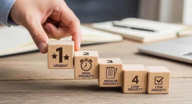 Hand arranging wooden cube with icon Task priority and management concept. The order of priority in any activity. Set work priority, arrange to do list. Wooden cube blocks with number first, second, t