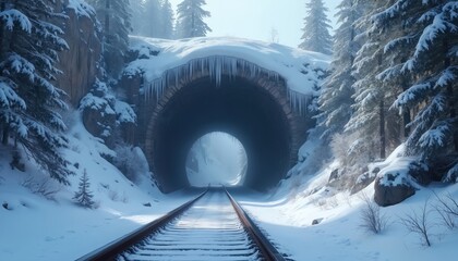 Fototapeta premium Snow covered train tunnel entrance with icicles hanging from above. Railroad tracks lead through winter wilderness into mist. Pine trees line snowy mountain path.