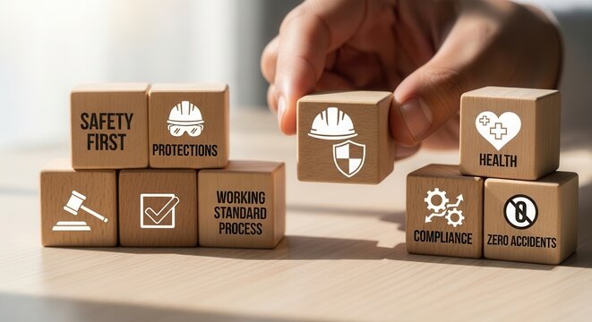  Businessman touching the icon of safety at workplace surrounded by safety first, protections, health, regulations and compliance. Working standard process. Zero accident