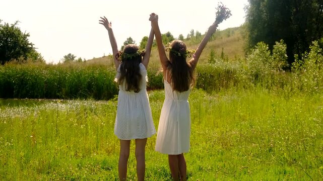 Children girl and flowers on Ivan Kupala Day. Selective focus. Nature.