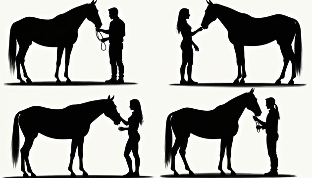 Black silhouettes of people and horses interact gently. Man holds horse reins, woman pets horse muzzle. Scenes show connection and care between human and equine partners. Four diverse pairings shown.