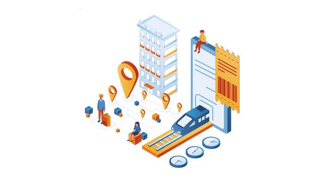 Isometric railway travel booking app with train, ticket and location pins