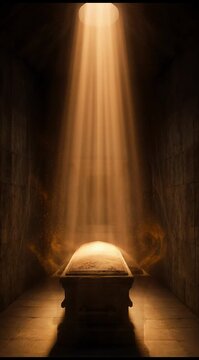Mysterious sarcophagus bathed in dramatic golden light beam from above in ancient