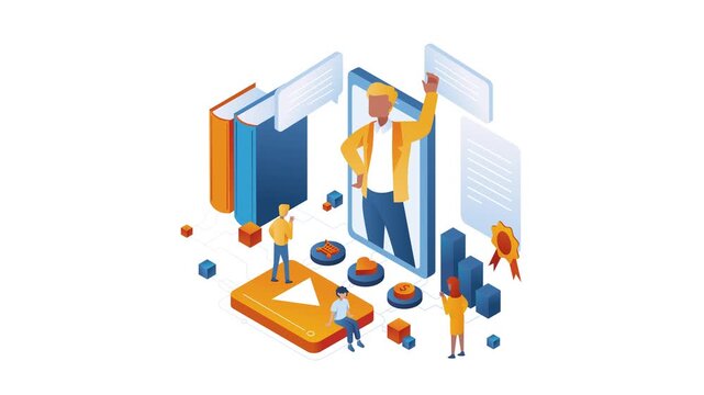 Isometric online learning platform with students, books and video lessons