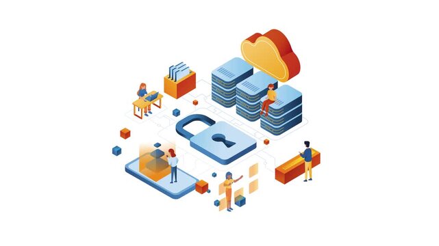 Isometric cloud data security concept with lock, servers and users