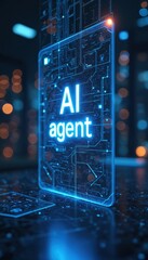 Fototapeta na wymiar AI agent interface glows blue with digital circuits visible. Modern technology concept displayed on a vertical screen. Smart system, future computing, artificial intelligence network connection.
