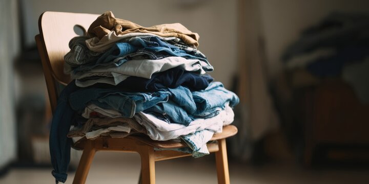 A pile of folded laundry stacked on a chair in a room, including jeans.