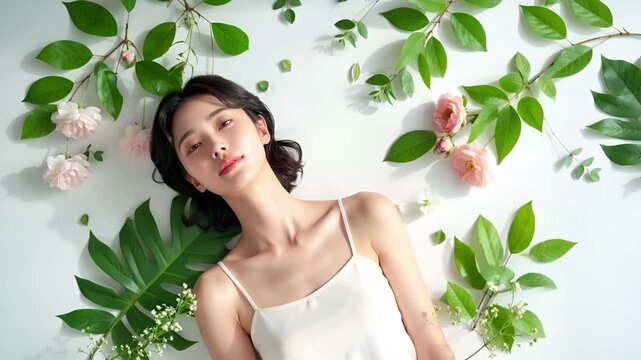 白背景と高キーライティングで透明感のある肌を際立たせた美容ビジュアル。
横たわる自然なポーズとナチュラルメイクが落ち着いた美しさを表現。
グリーンの葉と淡い花が初夏の爽やかな季節感を演出。
