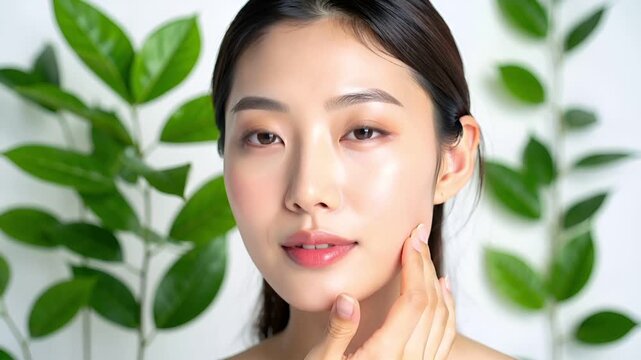 白背景と高キーライティングで肌の質感と透明感を際立たせた接写ビジュアル。
頬にスキンケアをなじませる自然な動作がリアルな使用シーンを演出。
グリーンの葉や初夏の植物が爽やかさと清潔感を加える。