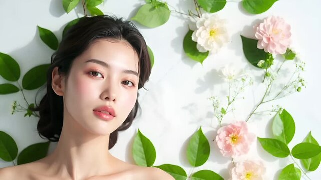 白背景と高キーライティングで透明感のある肌を際立たせた美容ビジュアル。
横たわる自然なポーズとナチュラルメイクが落ち着いた美しさを表現。
グリーンの葉と淡い花が初夏の爽やかな季節感を演出。