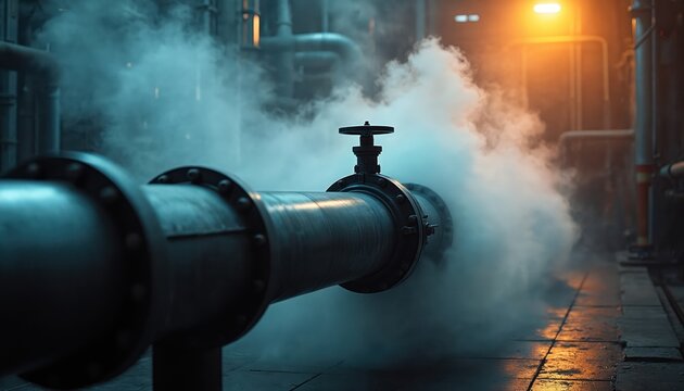 Large industrial pipe releases steam from a valve. Heavy machinery and pipes create a moody atmosphere in a factory setting. Warm lights glow in background.