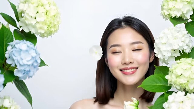 白背景と高キーライティングで透明感ある肌を際立たせた美容ビジュアル。
紫陽花とグリーンの葉が6月の季節感と自然のやさしさを演出。
ナチュラルメイクと潤い肌が清潔感と上質な印象を与える。