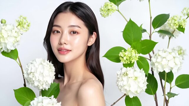 白背景と高キーライティングで透明感ある肌を際立たせた美容ビジュアル。
紫陽花とグリーンの葉が6月の季節感と自然のやさしさを演出。
ナチュラルメイクと潤い肌が清潔感と上質な印象を与える。