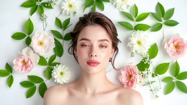 High-key lighting on a pure white background enhances smooth radiant skin.
A relaxed reclining pose with natural makeup creates an elegant calm mood.
Green leaves and pastel flowers evoke a soft May t