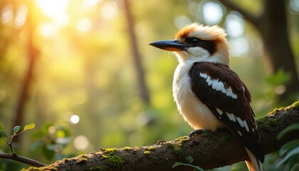 Fototapeta premium Kookaburra sits on mossy tree branch. Bird with large beak looks right in sunlit forest. Soft green foliage background with bokeh effect highlights peaceful nature scene.