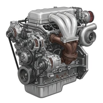 Detailed automobile engine with turbocharger and piston assembly on metal block.
