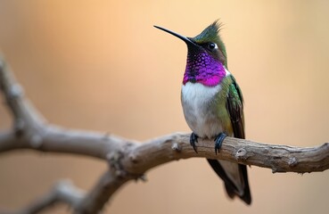 Naklejka premium Small hummingbird with iridescent purple throat rests on tree branch. Tiny bird has green wings white chest and dark beak. Nature photography captures colorful wildlife detail.