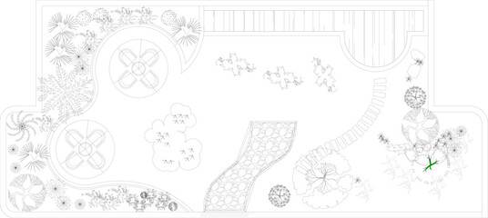 Technical architectural landscape plan view showing garden design with circular patios, winding stone pathways, trees, shrubs, deck and north arrow. © Riki