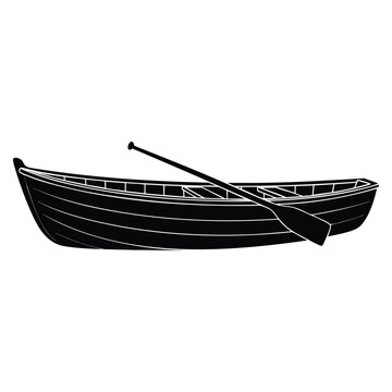 Silhouette of vector dinghy boat with oar suitable for nautical transport symbol, rowing vessel icon and marine themed graphic design
