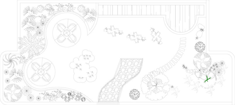 Technical architectural landscape plan view showing garden design with circular patios, winding stone pathways, trees, shrubs, deck and north arrow.