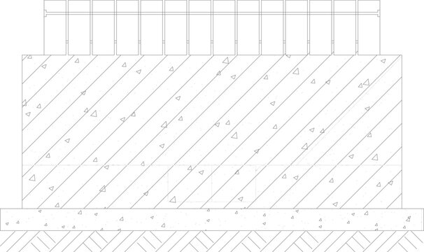 Technical section detail showing concrete wall base with diagonal hatching, topped with vertical fence posts, resting on foundation footing with gravel and brick