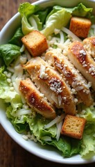 Naklejka premium Sliced grilled chicken breast served on romaine lettuce with parmesan cheese and croutons. A classic Caesar salad presentation, perfect for meal inspiration and healthy eating guides.