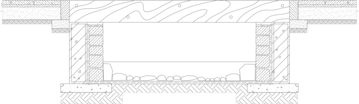 Technical architectural section detail showing structural foundation with vertical supports, horizontal beams, drainage layer with stones and brick sub-base.