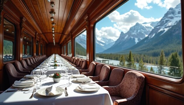 Luxury train dining car interior shows long table set for meal with mountain scenery outside window. Elegant vintage train car views scenic route with snow capped peaks and pine forest.