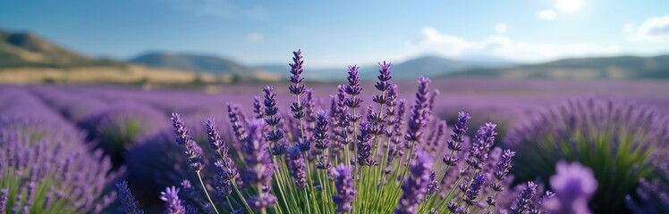 Obraz premium Vast lavender field under blue sky. Purple flowers bloom in neat rows stretching to distant hills. Sunlight bathes landscape with warm glow. Peaceful nature scene.