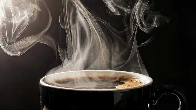 Steaming hot coffee in black mug with rising vapor. Morning drink for energy and International Coffee Day celebration.