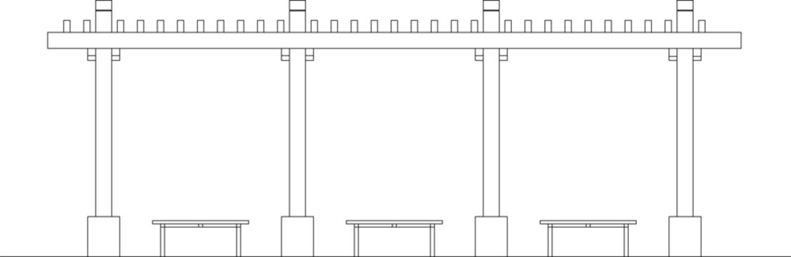 Technical architectural elevation drawing showing pergola or covered walkway with vertical columns, horizontal beams with decorative slats and benches underneath