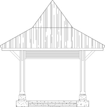Technical architectural elevation drawing showing pavilion or gazebo with pyramidal roof, vertical columns, slatted ventilation panels and stone bases.