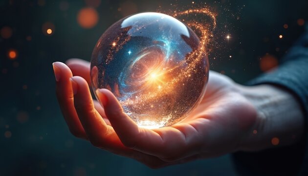 Hand holds glowing orb with galaxy inside. Sparkling energy trails swirl around the cosmic sphere. Light emanates from the magical fantasy ball.