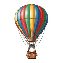 Fototapeta premium Colorful striped hot air balloon with wicker basket flying over sky.